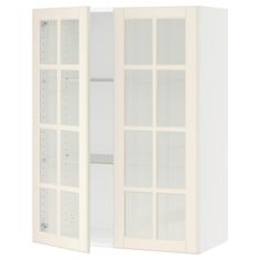 two white shelves with glass doors on each side