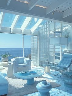 a living room filled with white furniture next to an ocean side window and skylight