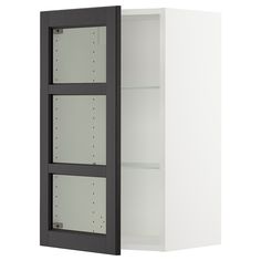 a white and black cabinet with glass doors