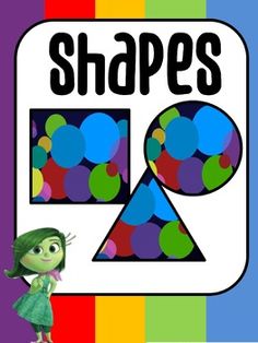 a cartoon character is standing in front of a rainbow colored background with the words shapes