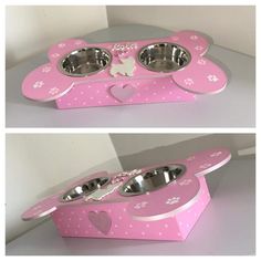 two different views of a pink dog bowl with paw prints on the front and back