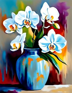 a painting of white flowers in a blue vase