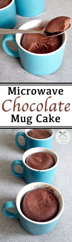 microwave chocolate mug cake in blue dishes with spoons