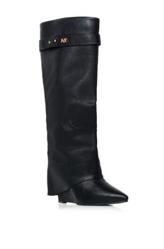 **FINAL SALE - NO EXCHANGES OR RETURNS** Stride in style with the MELINA BLACK WEDGE BOOT, crafted from fashion-forward black faux leather and boasting a pointed toe. Perfectly poised on a chic wedge heel, these fold-over boots add an elegant, tasteful touch to any look. 3.5 inch heel height Aw Logo, Black Wedge Boots, Fold Over Boots, Sandal Platform, Black Wedge, Black Cover, Boots And Sneakers, Wedge Boots, Denim Outfit