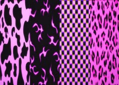 three different colored animal prints on a black and pink background with checkerboard pattern