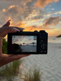 a person holding up a camera to take a photo on the beach at sunset with palm trees in the background