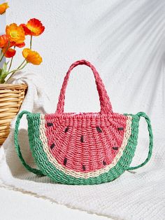 Be one step ahead in fashion with our Trendy Watermelon Vibes Woven Handbag. Made with a stylish woven design and a convenient shoulder strap, this bag provides both functionality and fashion. Perfect for everyday use or special occasions. Upgrade your style with trendy watermelon vibes. Color : Red Type : Novelty Bag Bag Size : Small Pattern Type : Fruit&Vegetable Material : Paper Size Strap Length Bag Length Bag Width Bag Height Handle Height one-size 120 21 8 14 11 Trendy Woven Crossbody Straw Bag, Summer Shoulder Satchel, Trendy Bucket Satchel For Vacation, Vacation Satchel With Single Handle, Shoulder Bag Shape, Trendy Straw Crossbody Bag For Vacation, Trendy Portable Straw Bag For Summer, Trendy Rectangular Summer Satchel, Trendy Crossbody Straw Bag For Vacation, Trendy Summer Rectangular Satchel