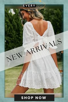 Cotton Lace Up Hollow Out Summer White Dress Women Holiday Casual High Waist Ruffled Mini Dresses A-line Frills Vestido A-line Non-stretch Dress With Ruffles, Summer A-line Dress With Ruffle Hem, Vacation Dresses With Ruffle Hem, Summer A-line Dresses With Ruffle Hem, Non-stretch Ruffled Mini Dress For Day Out, Vacation Solid Color A-line Mini Dress, A-line Beach Mini Dress, Non-stretch A-line Mini Dress For Beach, Cotton V-neck Sundress With Ruffles