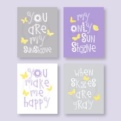 four purple and gray nursery wall art prints