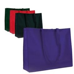 three different colored bags with handles on each side and one black, red, green, blue