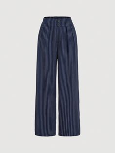 Azul Marino Casual Collar  Tela tricotada A rayas Pierna ancha Embellished No-Elástico Blue Pants Women, Suit Pants Women, Blue Striped Pants, Navy Slacks, Women Dress Pants, Striped Wide Leg Trousers, Costume Bleu, Black Hair Clips, Fall Pants