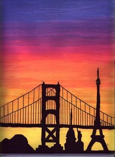 the golden gate bridge in san francisco, california at sunset painted with acrylic paint