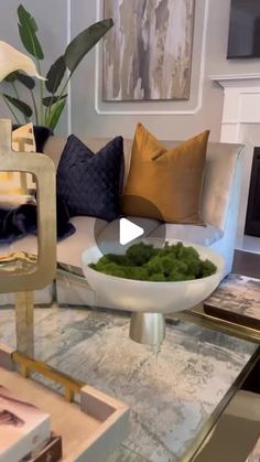 a living room filled with furniture and a plant on top of a table in front of a fire place