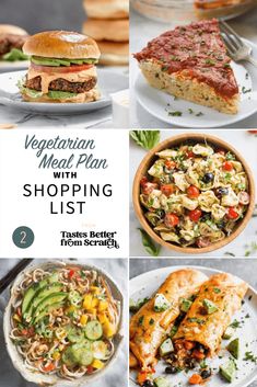 the vegetarian meal plan with shopping list is shown in four different pictures, including salads and