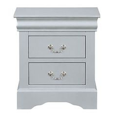 a white nightstand with two drawers and knobs on the bottom, one drawer open