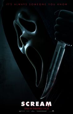 scream movie poster with the mask on it's face and hands holding a knife