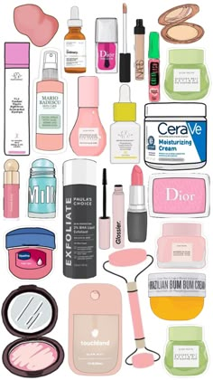 an assortment of cosmetics and beauty products on a white background with the words, i'm