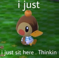 an animal crossing character with the caption i just sit here thinkin't