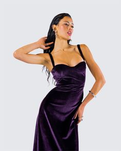 The royal treatment is all yours 👑 Reign supreme in this purple maxi dress made from velvet fabric and complete with a hook & bar closure, cut-out back detailing, a built-in bra, and a sweetheart neckline 💜 Dark Purple Maxi Dress, Long Purple Dresses, Dark Purple Formal Dress, Deep Purple Prom Dress, Royal Purple Dress, Dark Purple Dress, Deep Purple Dress, Purple Formal Dress, Dark Purple Dresses