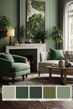 a living room with green walls, furniture and plants on the fireplace mantels