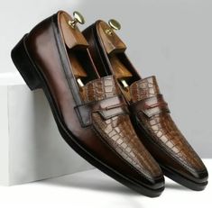 Men's handmade brown alligator designer loafers leather shoes sold by Bespoke Footwear on Storenvy Chelsea Shoes, Designer Loafers, Alligator Shoes, Wingtip Shoes, Good Year, Handmade Leather Shoes, High Leather Boots, Leather Loafer Shoes, Leather Oxford Shoes