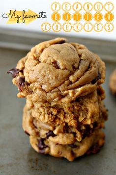 chocolate chip cookies stacked on top of each other with the words peanut butter cookies in the background