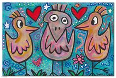 three birds with hearts and stars on their heads are standing in front of a blue background