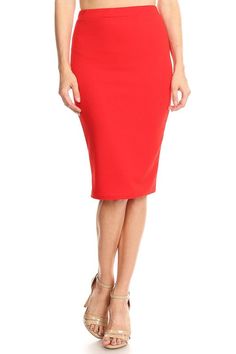 A soft and stretchy fabric adds easy comfort to this classic pencil skirt with a high waist and elastic waistband. Material: 96% polyester 4% spandex Stretch: Slightly stretchy Care: Machine wash cold, gentle cycle, tumble dry low. Made in USA Model is wearing size S Length: Approx 25.5 inches from waist to hem Missy Dresses, Suede Outfit, Bodycon Pencil Skirt, Moa Collection, Knee Length Skirt Pencil, Graphic Tee Dress, High Waisted Pencil Skirt, Midi Skirt Pencil, Sweaters And Leggings