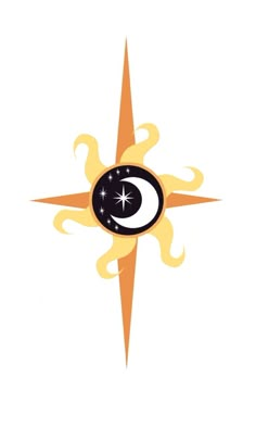 an orange and black star with a white eye on it's center surrounded by flames