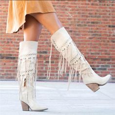 Witchy Woman Fringe Dingo Boots Western Style Suede Boots For Spring, Spring Rodeo Moto Boots With Round Toe, White Suede Boots For Fall, Bohemian White Boots For Fall, Bohemian Closed Toe Boots For Spring, Suede Fringe Boots With Closed Toe, Bohemian Suede Winter Boots, Bohemian Winter Suede Boots, White Bohemian Boots With Round Toe