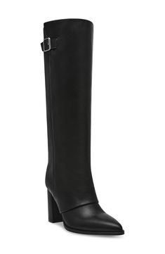 A decorative buckle detail and block heel amplify the everyday sophistication of a knee-high boot shaped from finely grained leather. 3 1/2" heel 14 1/2" shaft; 14" calf circumference Pull-on style Leather upper/textile and synthetic lining/synthetic sole Imported Black Tall Boots, Black Thigh High Boots, Thigh High Boots, Thigh Highs, Knee High Boots, Knee High, Steve Madden, Block Heels, Womens Boots