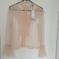 Romantic Boho Design Long Sleeve + Zip Up In Back 100% Polyester Feminine Lace Top Blouse, Feminine Spring Party Blouse, Feminine Sheer Top For Evening, Spring Party Beige Blouse, Spring Evening Cream Blouse, Chic Sheer Cream Blouse, Feminine Beige Blouse For Party, Elegant Beige Ruffled Tops, Spring Sheer Beige Blouse