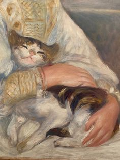 a painting of a woman holding a cat with her arms wrapped around her chest and sleeping on the couch