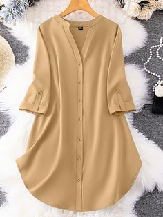 Khaki Casual Collar Long Sleeve Woven Fabric Plain Shirt,Tunic Embellished Non-Stretch  Women Plus Clothing Simple Shirt Designs, Long Tunics For Women, Ladies Shirts Casual, Simple Shirt Design, Diy Belt For Dresses, Tunics For Women, Simple Dress Casual, Long Shirt Women, Simple Gowns