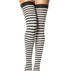 Striped Thigh Hi! Size - One Size Fits Up To 165 Lbs Color (S) - Black/White! Material - 100% Nylon Striped Thigh High Fitted Legwear, Fitted Striped Thigh High Legwear, Fitted Striped Thigh-high Legwear, White Thigh High Stockings For Summer, White Thigh-high Summer Stockings, White Stretch Stockings For Summer, Trendy Fitted White Stockings, White Stretch Over The Knee Tights, White Stretch Over-the-knee Tights