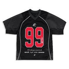 a black jersey with the number 99 on it and an inscription that says 99 in red