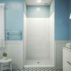 a bathroom with blue walls and white tile on the floor, along with a black and white checkered floor