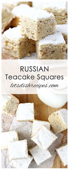 russian teacake squares are stacked on top of each other with sugar in the middle