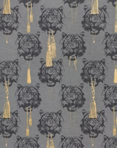 an image of a wallpaper pattern with gold and black designs on grey background,