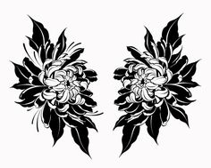 two black and white flowers with leaves on the top, one in the bottom right corner