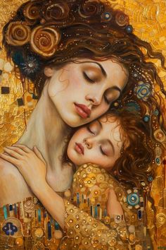 a painting of two women hugging each other with gold and blue circles around them,