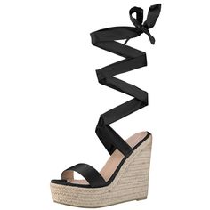 Looking for a versatile and stylish pair of shoes to add to your wardrobe? Look no further than these wedges! Featuring a trendy lace-up design and an espadrille platform heel, these wedges are perfect for adding a touch of comfort and style to your everyday look. Made with a satin upper and a TPR outsole, these sandals are both durable and comfortable, making them ideal for all-day wear. With a heel height of 5.3 inches and a platform height of 1.8 inches, these wedges are sure to give you the Adjustable Lace-up Wedge Heel Sandals For Vacation, Casual Adjustable Lace-up Heels, Synthetic Ankle Tie Lace-up Sandals For Summer, Black Ankle Tie Lace-up Sandals For Vacation, Chic Lace-up Wedge Heel Sandals For Spring, Summer Heels With Laces And Ankle Strap, Adjustable Lace-up Platform Wedge Sandals, Synthetic Lace-up Sandals For Summer, Summer Synthetic Lace-up Sandals