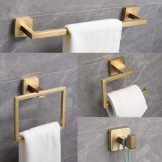 four pictures of gold towel holders on the wall