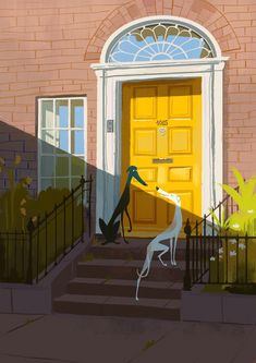 a dog is standing in front of a yellow door and looking at another dog sitting on the steps