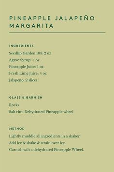 the menu for pineapple jalapeno margarita