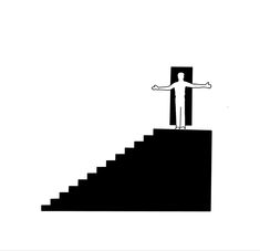 a man standing on top of a set of stairs with his arms out to the side