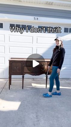 a woman standing in front of a dresser with the caption why i don't thrift