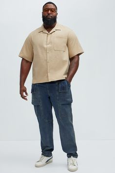 Available In Tan. Fold Down Collar Front Button Closure Chest Pocket Short Sleeve 100% Cotton Imported | Mens Walley Vintage Shirt in Tan size 2XL by Fashion Nova Big And Tall Casual Short Sleeve Shirt, Mens Button Up, Vintage Shirt, Slim Waist, Slim Jeans, Shorts With Pockets, Vintage Shirts, Medium Blue, Chest Pocket