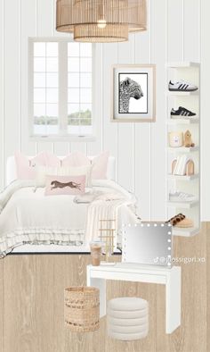 a bedroom with white walls and wood flooring is shown in this artist's rendering