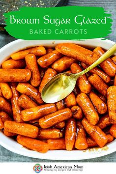 brown sugar glazed baked carrots in a bowl with a spoon